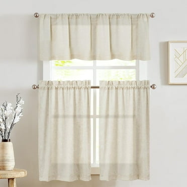 Curtainking Kitchen Curtains and Valance Sets Tier Curtains Farmhouse Beige Linen Semi Sheer Cafe Curtains 3-Piece Rod Pocket 52" x 24"