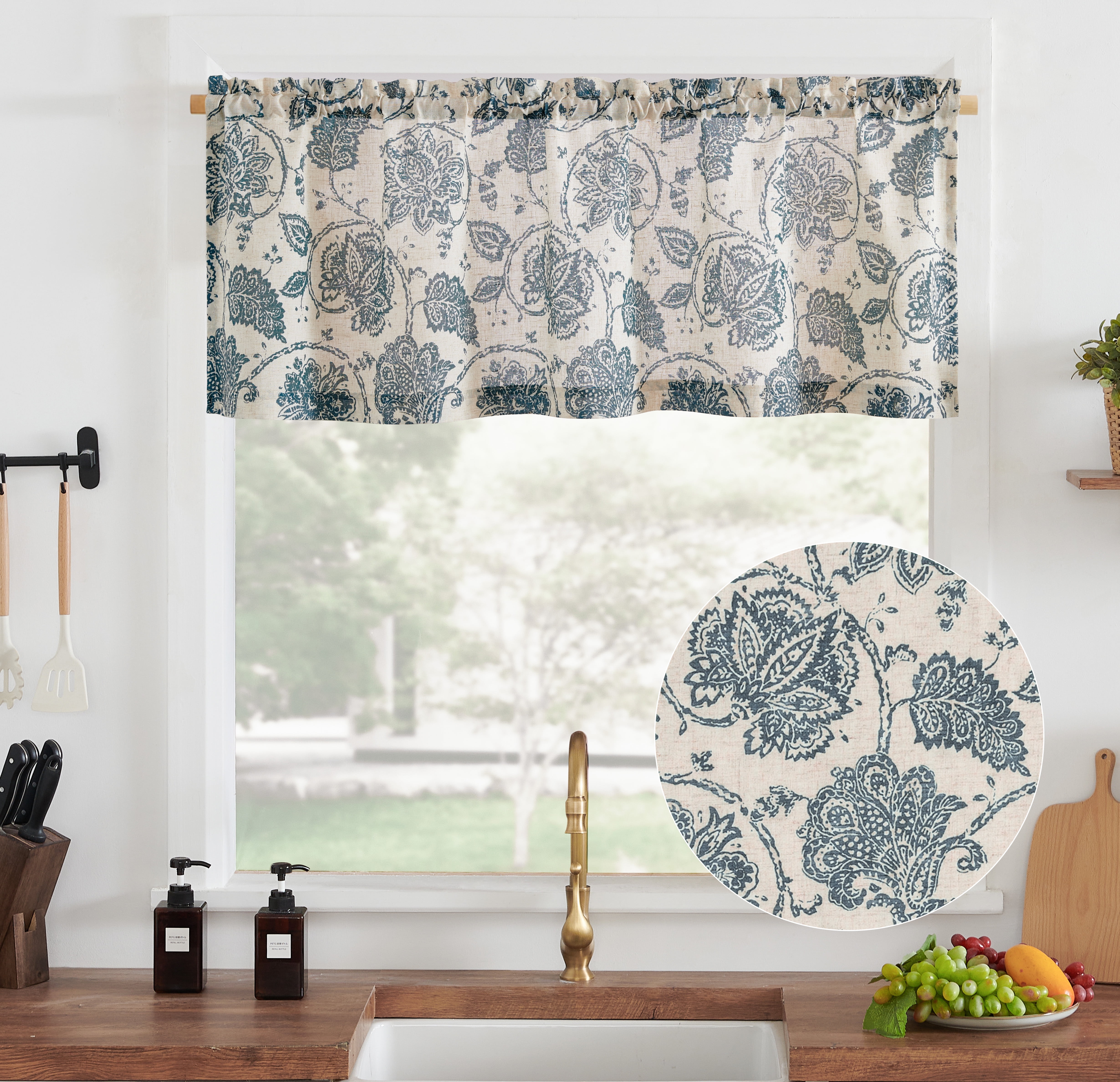 Curtainking Kitchen Valance 50 x 18 Linen Textured Floral - Walmart.com