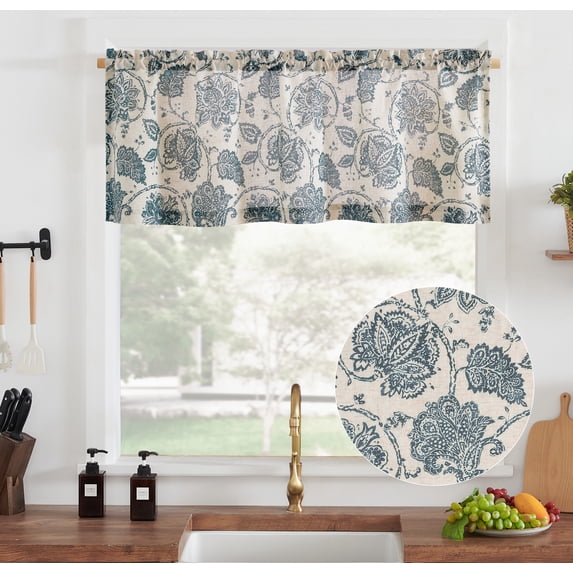 Curtainking Kitchen Valance 50 x 18 inch Linen Textured Floral Printed Small Window Valance 1 Panel Blue on Beige