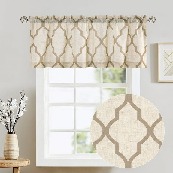 Curtainking Kitchen Valance Curtain Farmhouse Moroccan Tile Print Flax Linen Blend Small Window Curtains 16 inch 1 Panel Rod Pocket Taupe on Beige