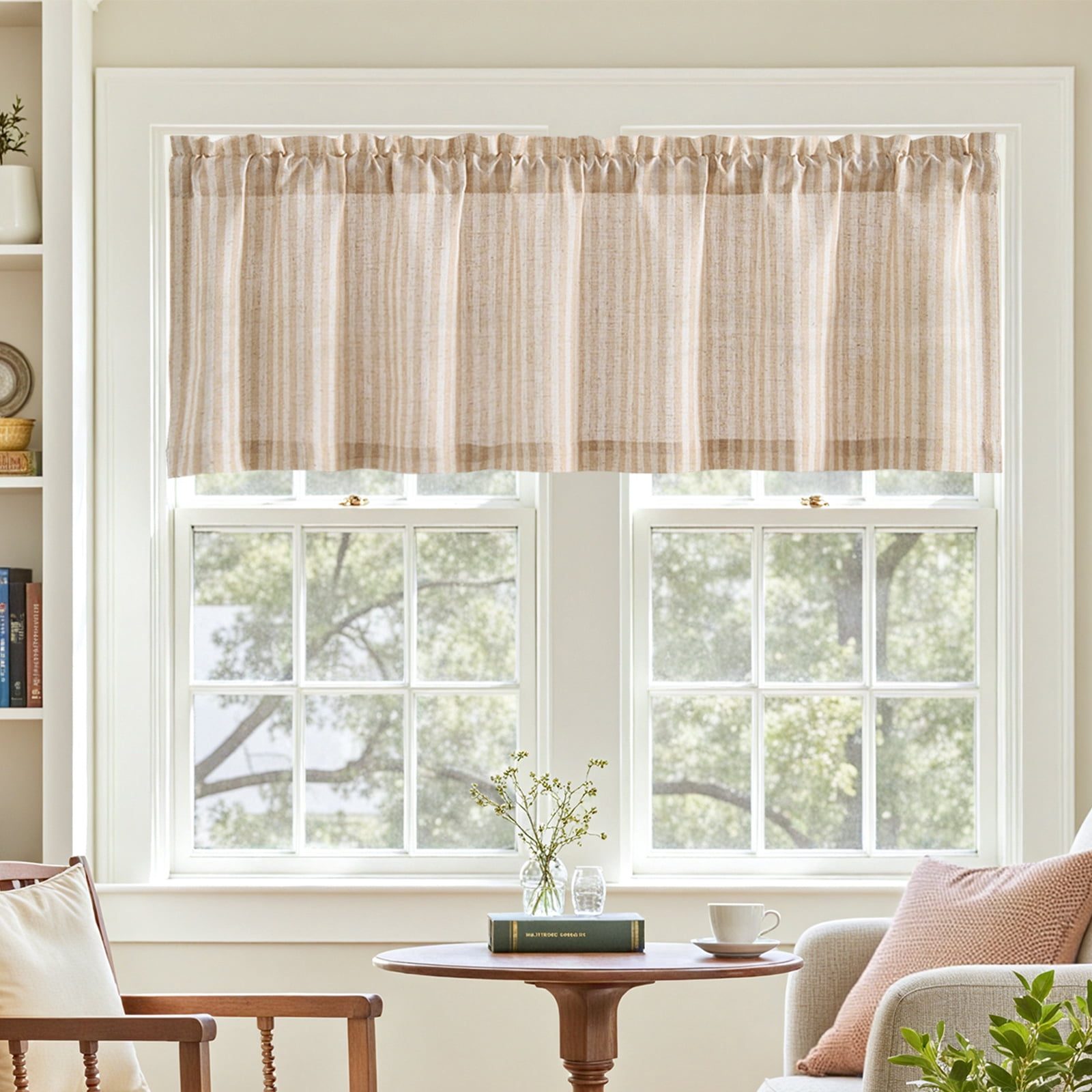 Curtainking Linen Stripe Pattern Farmhouse Window Valance 16 Inch Taupe ...