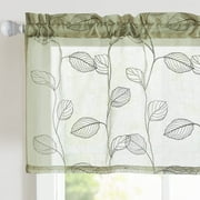 Curtainking Kitchen Valance Leaf Embroidered Farmhouse Sheer Curtains Light Filtering 1 Panel Rod Pocket Small Drapes Sage Green 55" x 16"