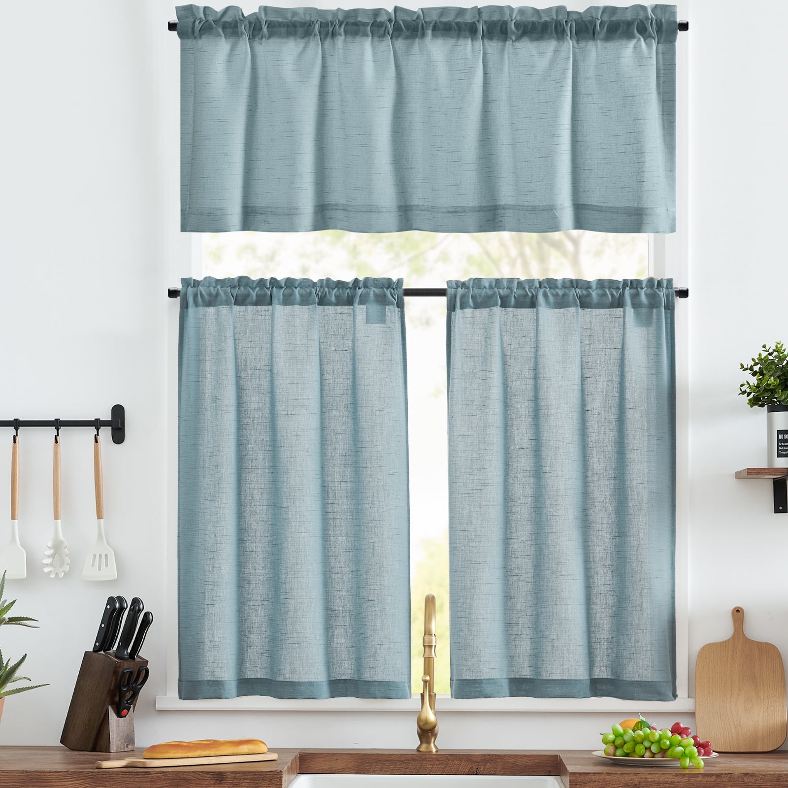 "Curtainking Farmhouse Kitchen Curtains, Blue Linen Semi Sheer, Light
