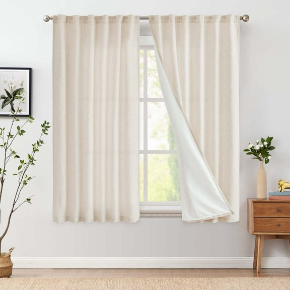 Curtainking Linen Curtains 63 Inch Length for Living Room Farmhouse Rod Pocket Back Tab Light Filtering Window Drapes with Lined for Bedroom Crude 2 Panels