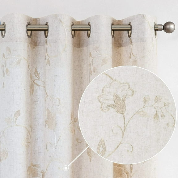 Curtainking Linen Curtains Floral Embroidery Farmhouse Light Filtering Grommet Curtain Panels, 50" x 63", 2 Pcs Beige