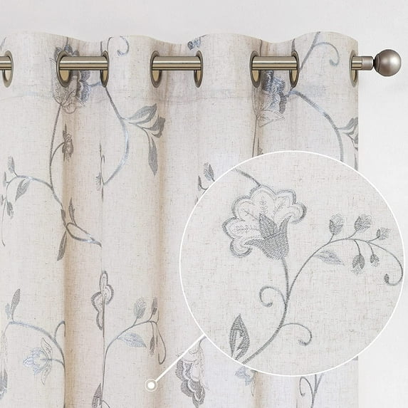 Curtainking Linen Curtains Floral Embroidery Window Curtains 63 inch Farmhouse Light Filtering Drapes for Living Room Bedroom Grommet 2 Panels Grey