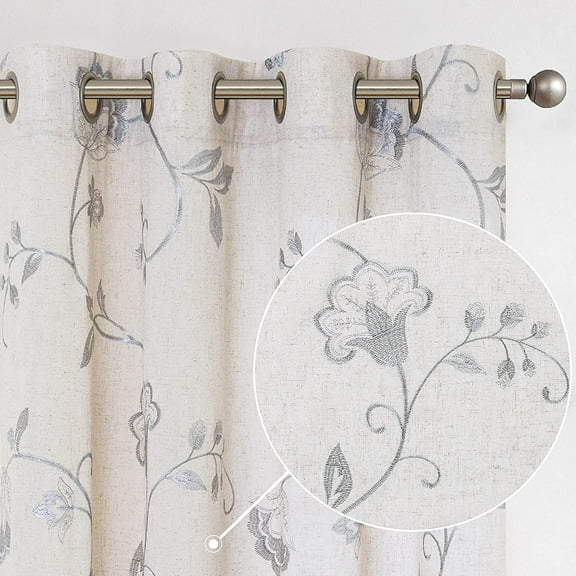 Curtainking Linen Curtains Floral Embroidery Window Curtains 63 inch Farmhouse Light Filtering Drapes for Living Room Bedroom Grommet 2 Panels Grey