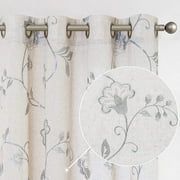 Curtainking Linen Curtains Floral Embroidery Window Curtains 84 inch Farmhouse Light Filtering Drapes for Living Room Bedroom Grommet 2 Panels Grey