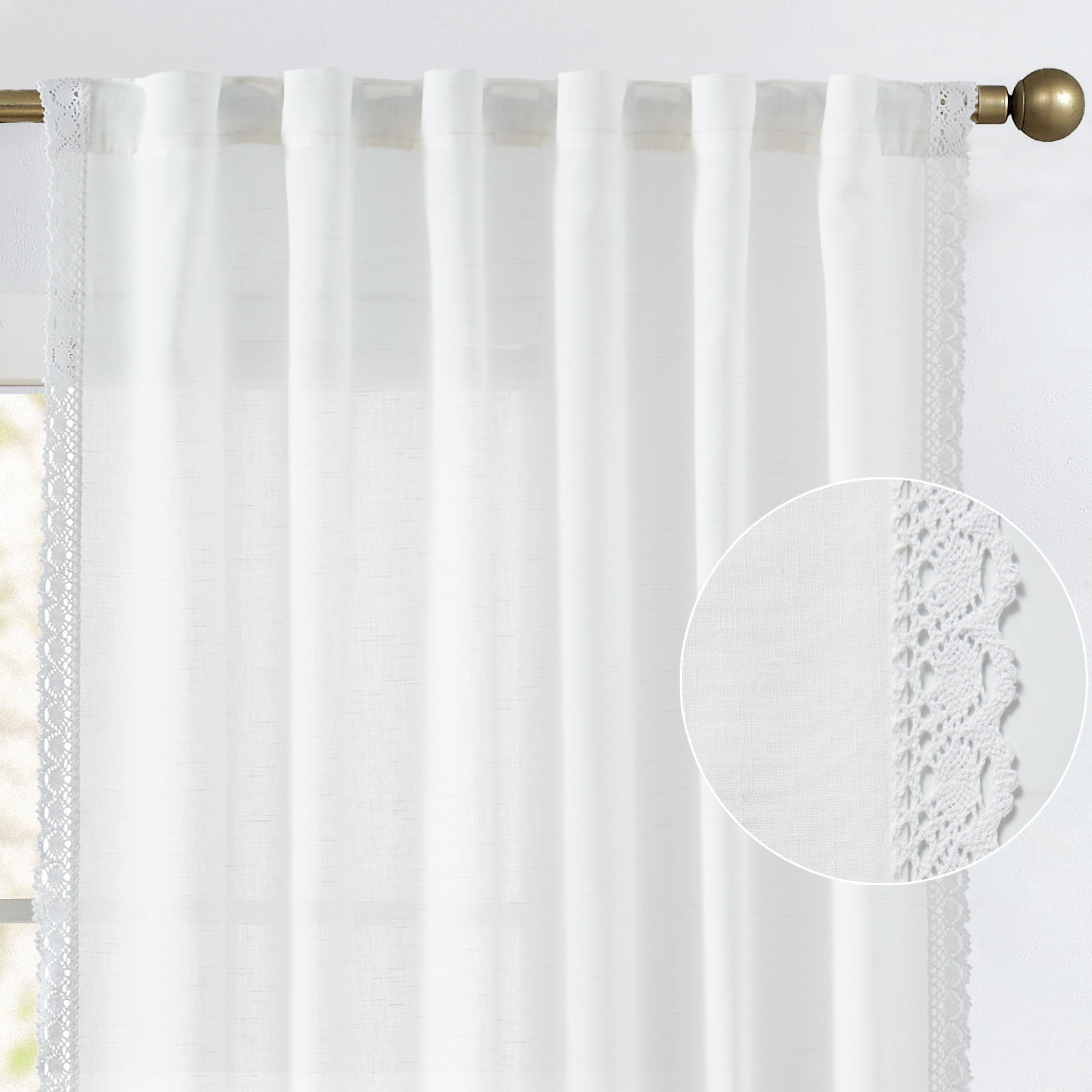 Curtainking Linen Curtains White Curtains with Lace Trim for Living Room 63 Inch Long Rustic Farmhouse Curtains Rod Pocket Semi Sheer Light Filtering Drapes Bedroom Window Curtain 2 Panels