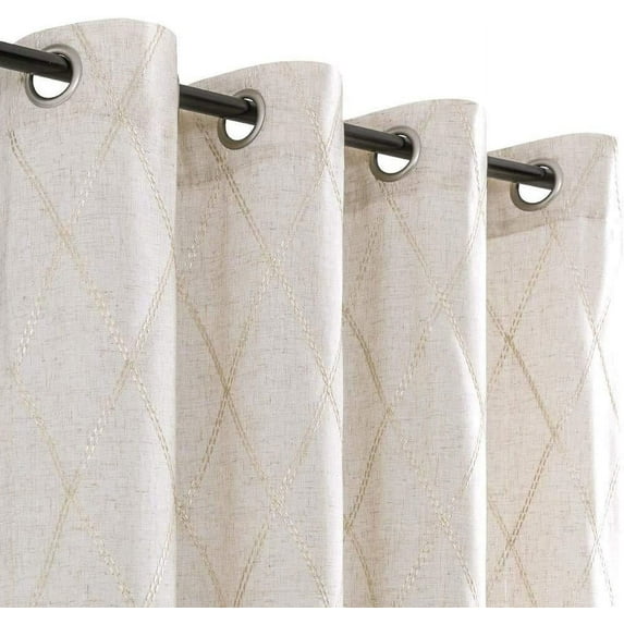 Curtainking Linen Curtains for Living Room 63 inch Farmhouse Diamond Embroidered Flax Window Drapes Light Filtering Grommet Curtains 2 Panels Beige