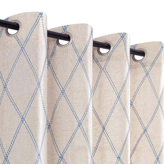 Curtainking Linen Curtains for Living Room 63 inch Farmhouse Diamond Embroidered Flax Window Drapes Light Filtering Grommet Curtains 2 Panels Blue
