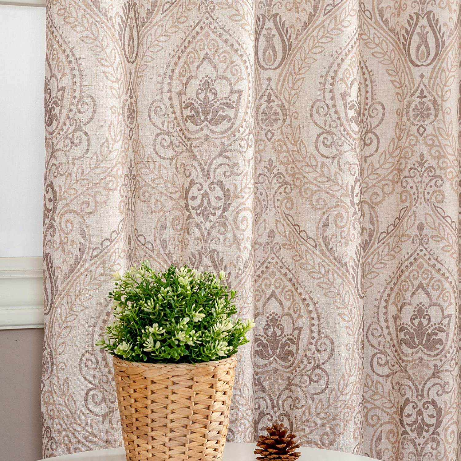 Curtainking Linen Curtains for Living Room 63 inch Medallion Damask