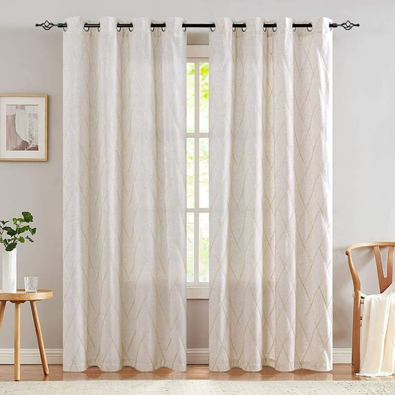 Curtainking Linen Curtains for Living Room 84 inch Farmhouse Diamond Embroidered Flax Window Drapes Light Filtering Grommet Curtains 2 Panels Beige