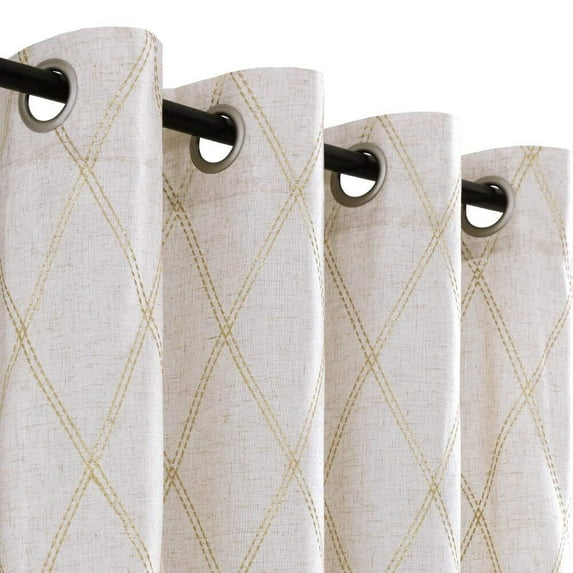 Curtainking Linen Curtains for Living Room 84 inch Farmhouse Diamond Embroidered Flax Window Drapes Light Filtering Grommet Curtains 2 Panels Gold