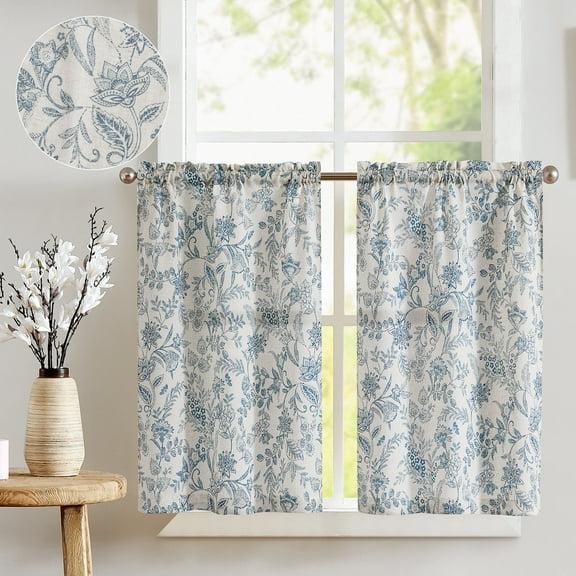 Curtainking Linen Kitchen Curtains 26x24 inch Farmhouse Floral Print Rod Pocket Curtains Cafe Curtains Small Window Curtains 2 Panels Blue on Beige