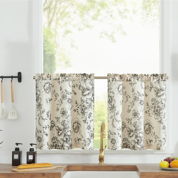Curtainking Linen Kitchen Curtains Floral Cafe Curtains 26x24 inch Farmhouse Cafe Curtains for Living Room 2 Panels Black