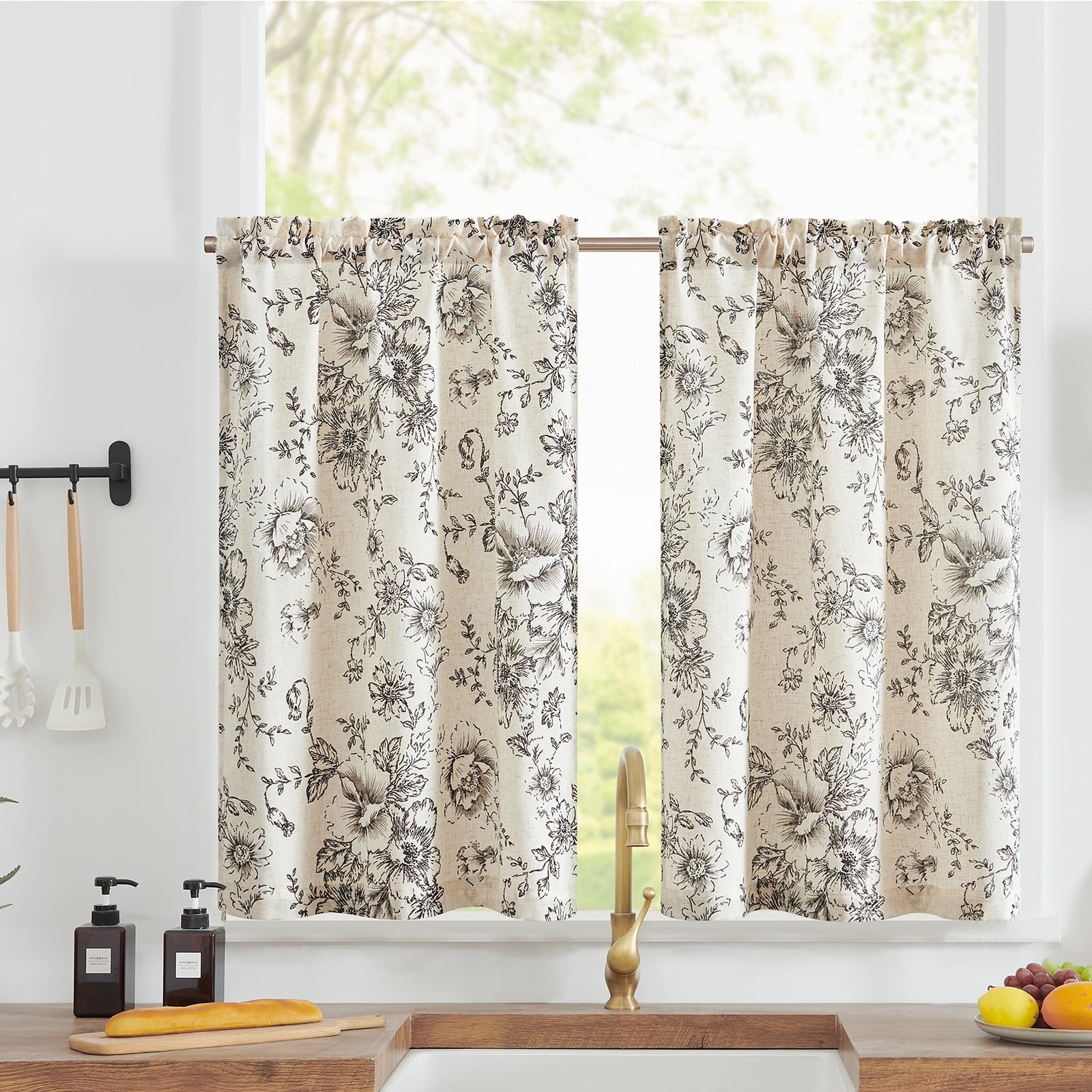 Curtainking Linen Kitchen Curtains Floral Cafe Curtains 26x45 inch Farmhouse Cafe Curtains for Living Room 2 Panels Black