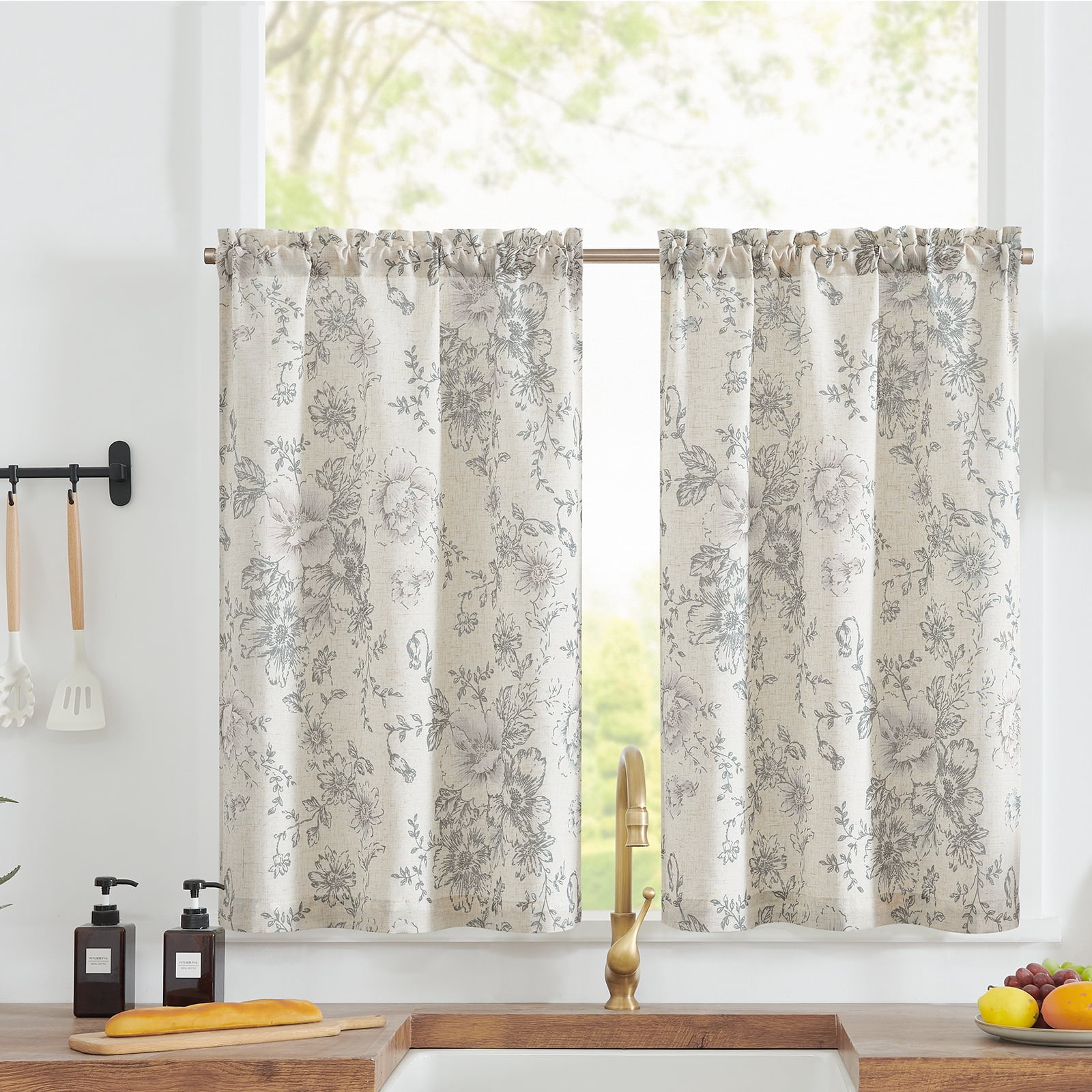 Curtainking Linen Kitchen Curtains Floral Cafe Curtains 26x45 inch Farmhouse Small Window Curtains for Living Room 2 Panels Gray