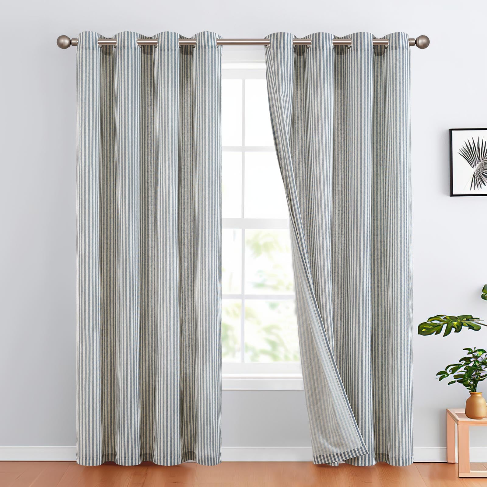 Curtainking Linen Striped Curtains 84 inch Farmhouse Light Filtering Drapes for Living Room Bedroom Grommet Top 2 Panels Blue