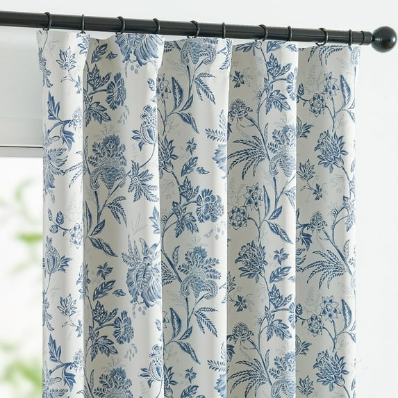 Curtainking Luxury Look Farmhouse Blue Floral Print Rod Pocket Blackout Curtains, 96" (2 Panels)