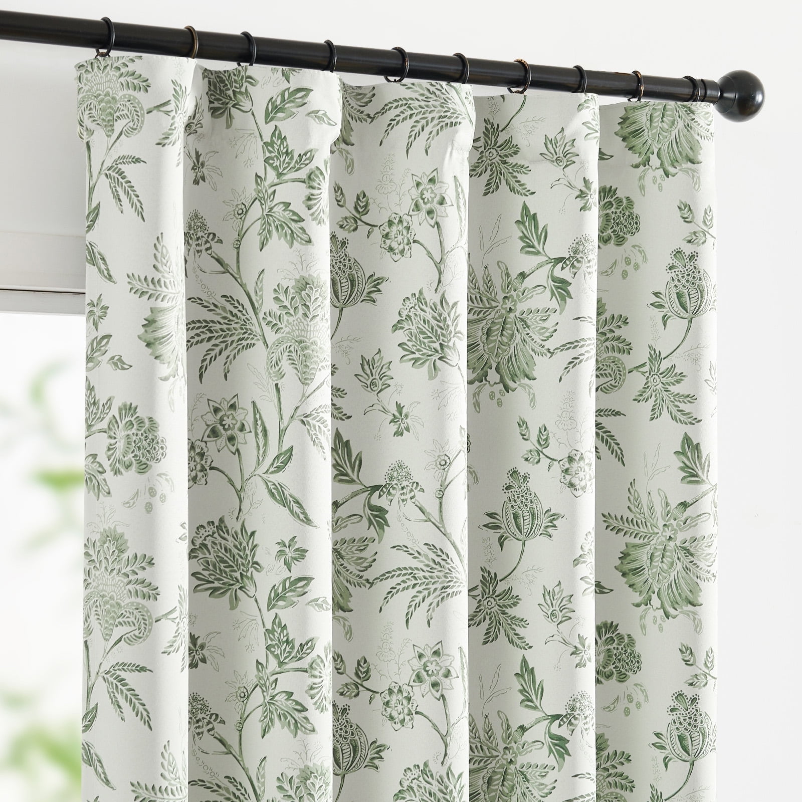 Curtainking Luxury Look Farmhouse Green Floral Print Rod Pocket Blackout Curtains, 84" (2 Panels)