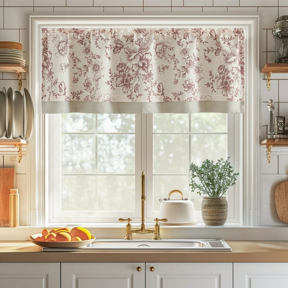 Curtainking Red Linen Valance Double Layer Kitchen Valance for Living Room 50x16 inch Rod Pocket 1 Panel