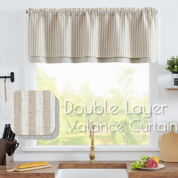 Curtainking Rod Pocket Blackout Kitchen Valance 50x16 inch Double Layer Farmhouse Window Valances for Kitchen 1 Panel Taupe on Beige