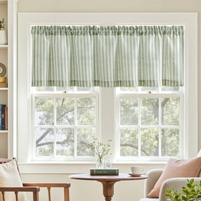 Curtainking Rod Pocket Kitchen Valance Stripe Pattern Window Valance 50x16 inch Linen Window Treatment for Bedroom 1 Panel Sage