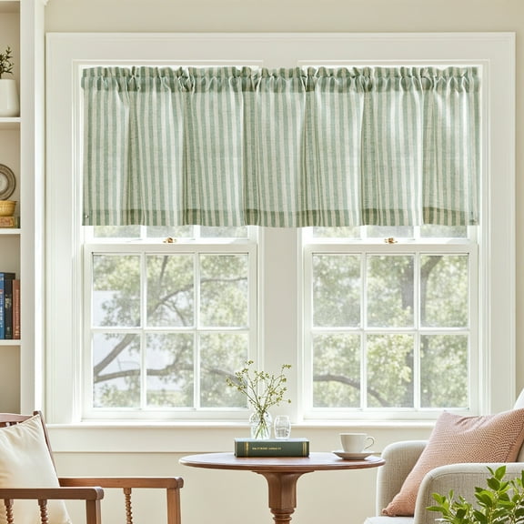 Curtainking Rod Pocket Kitchen Valance Stripe Pattern Window Valance 50x16 inch Linen Window Treatment for Bedroom 1 Panel Sage