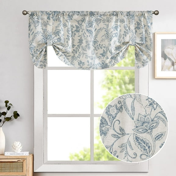 Curtainking Rod Pocket Valance 50x18 inch Blue on Beige Farmhouse Floral Printed Valance for Kitchen Filtering Small Curtain 1 Panel