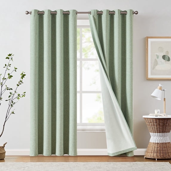 Curtainking Room Darkening Curtains for Bedroom, 84 Inch Length Linen Textured Drapes for Living Room, Thermal Insulated Light Blocking Curtains, Grommet Top Window Treatments 2 Panels, Green