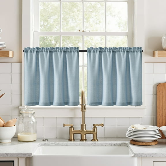 Curtainking Rustic Look Farmhouse Blue Solid Print Cafe Curtains, 28x24 inches, 2 Panels