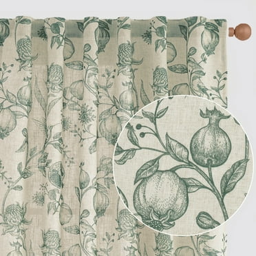 Curtainking Rustic Look Linen Curtains French Country Dark Green Floral Farmhouse Rod Pocket Curtains, 50" x 84", 2 Panels