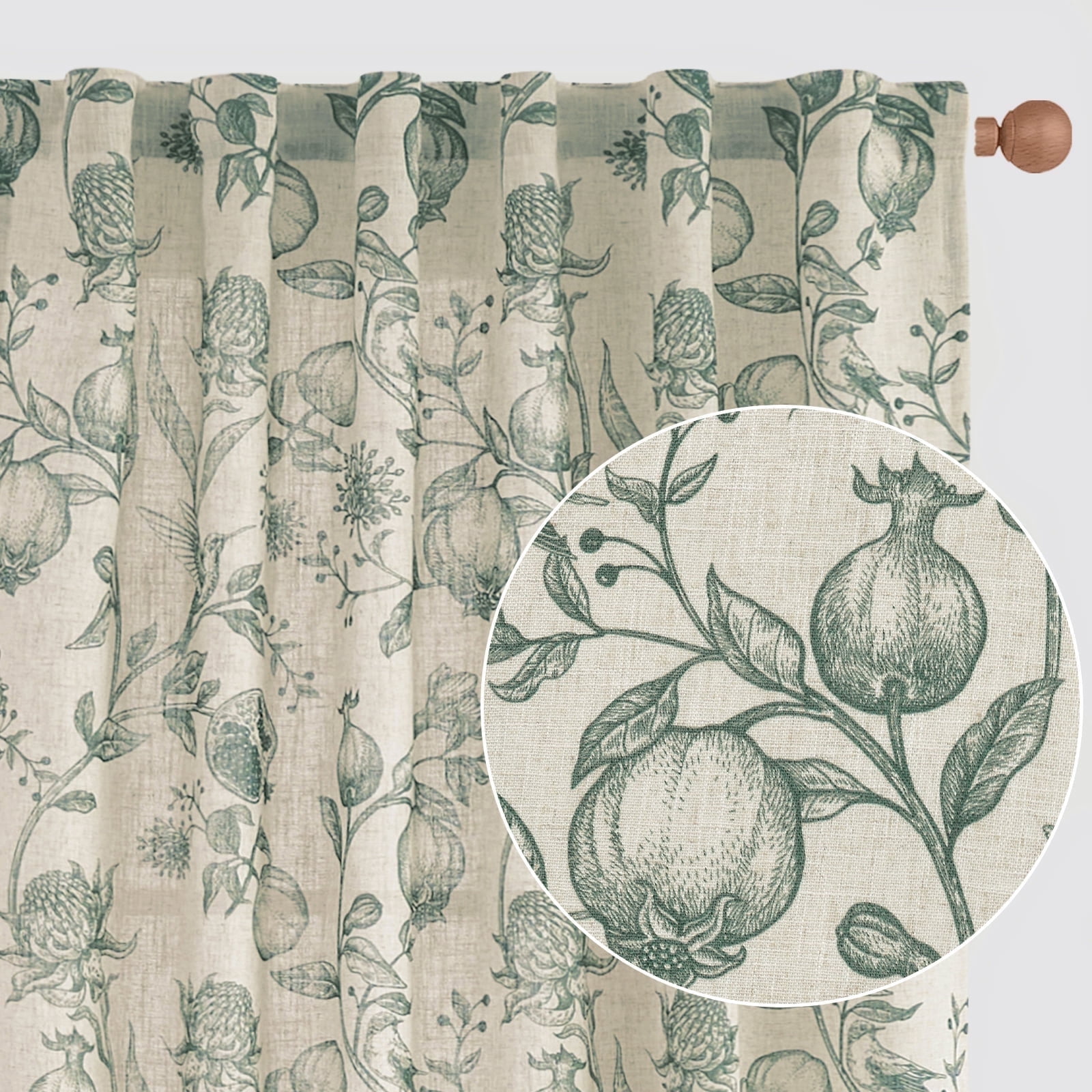 Curtainking Linen Floral Curtains 84 inch Length Curtains Back Tab Light Filtering Farmhouse Drapes for Living Room Bedroom 2 Panels Dark Green