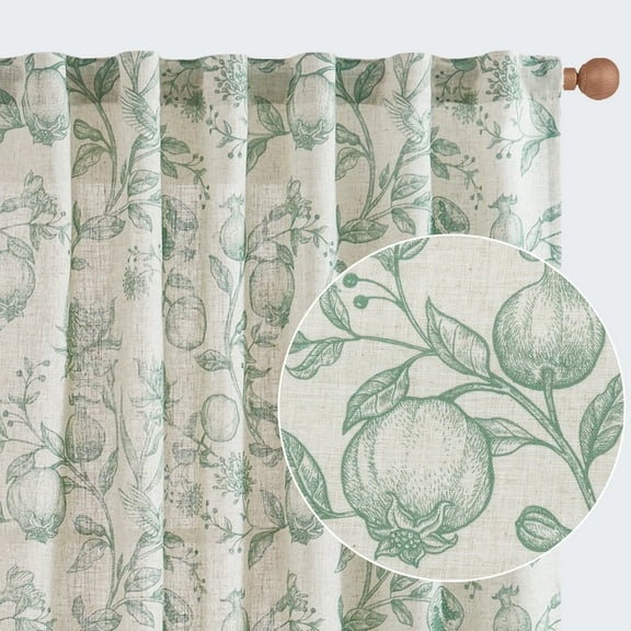 Curtainking Rustic Look Linen Curtains French Country Green Floral Farmhouse Rod Pocket Light Filtering 50" x 63" Curtains
