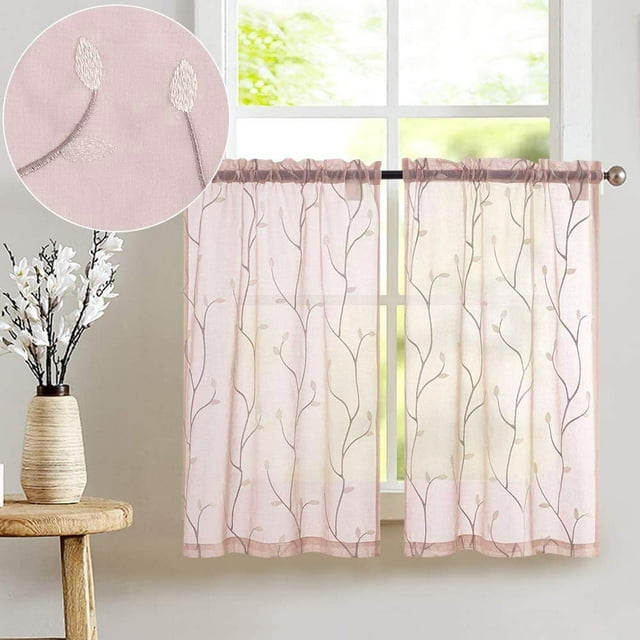 Curtainking Semi Sheer Kitchen Curtains 26"x24" Floral Embroidered Cafe