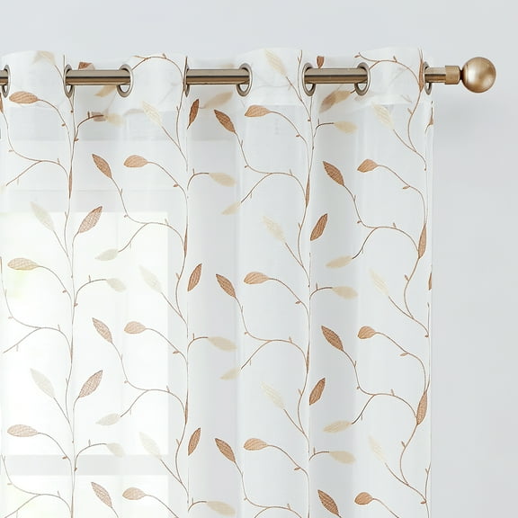 Curtainking Sheer Curtains 63 inches Embroidered Leaf Window Curtains for Living Room Grommet Top 2 Panels Voile Drapes for Bedroom Gold on White