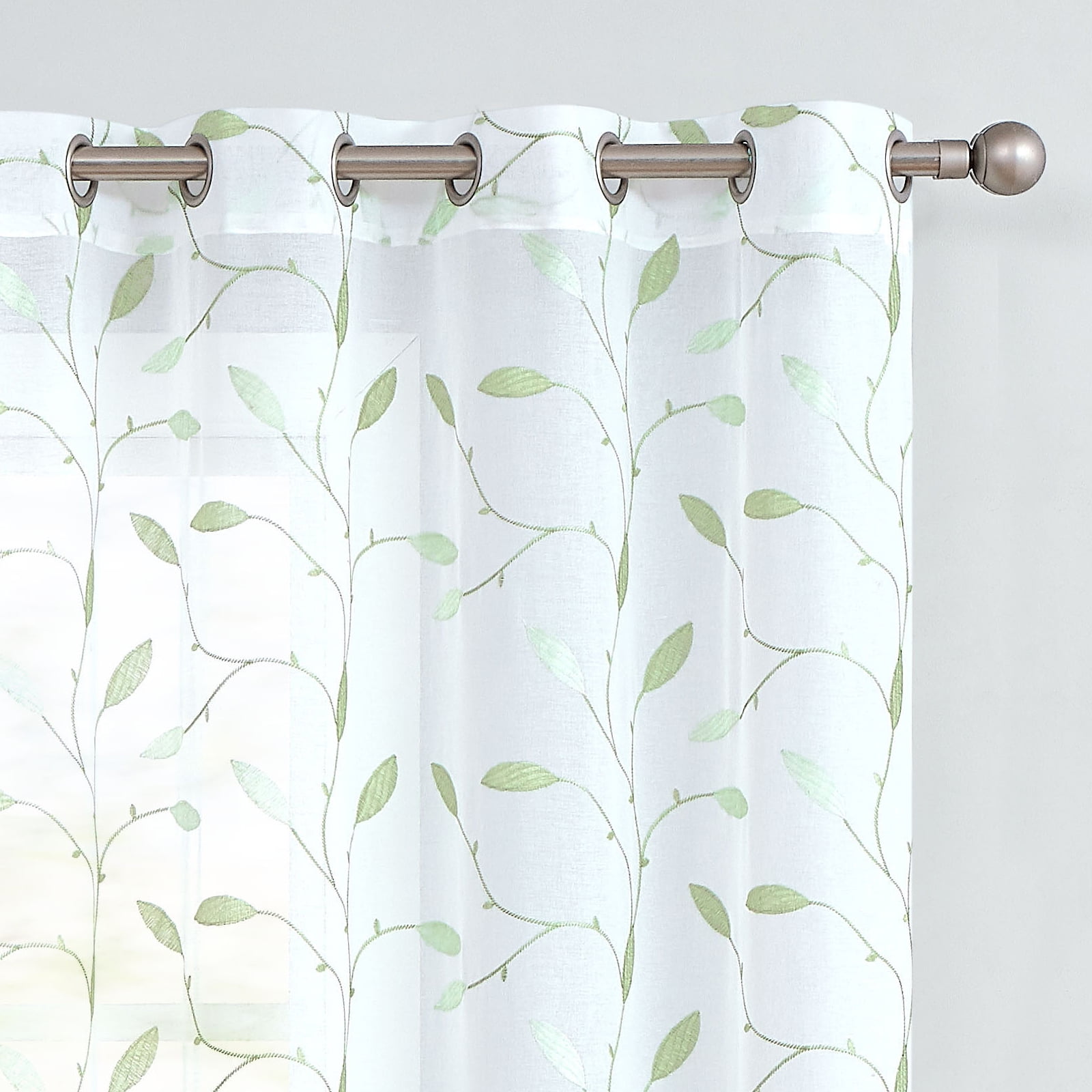 Curtainking Sheer Curtains 63 inches Embroidered Leaf Window Curtains for  Living Room Grommet Top 2 Panels Voile Drapes for Bedroom Green on White