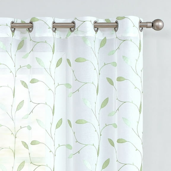Curtainking Sheer Curtains 63 inches Embroidered Leaf Window Curtains for Living Room Grommet Top 2 Panels Voile Drapes for Bedroom Green on White