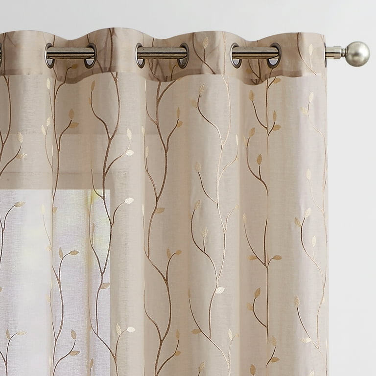 Curtainking Sheer Curtains 63 inches Embroidered Leaf Window Curtains for  Living Room Grommet Top 2 Panels Voile Drapes for Bedroom Green on White