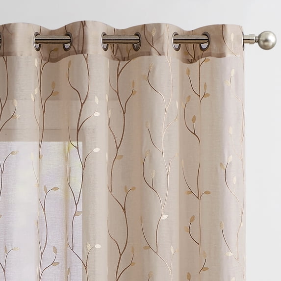 Curtainking Sheer Curtains Floral Embroidery Drapes 95 inch Voile Light Filtering Window Curtain Set for Living Room Bedroom Grommet 2 Panels Beige