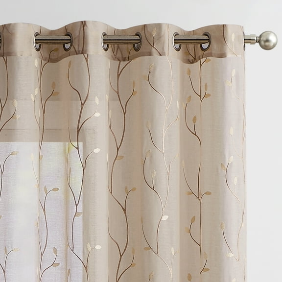 Curtainking Sheer Curtains Floral Embroidery Drapes 95 inch Voile Light Filtering Window Curtain Set for Living Room Bedroom Grommet 2 Panels Beige
