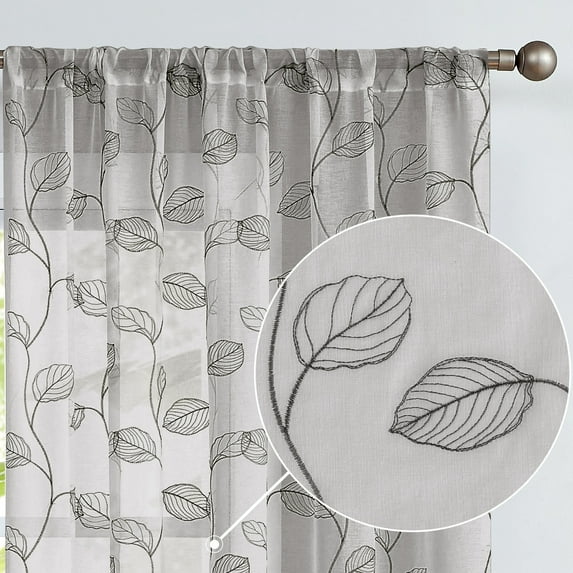 Curtainking Sheer Curtains for Living Room Embroidered Leaf Window Curtains 63 inch Length light Filtering Drapes Bedroom Rod Pocket 2 Panels Grey