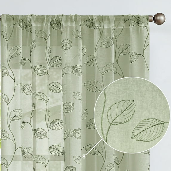 Curtainking Sheer Curtains for Living Room Embroidered Leaf Window Curtains 63 inch Length light Filtering Drapes Bedroom Rod Pocket 2 Panels Sage