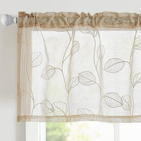 Curtainking Sheer Valance Leaf Embroidered Farmhouse Beige Kitchen Curtains for Small Windows Light Filtering Drape Short 1 Panel Rod Pocket 55" x 16"