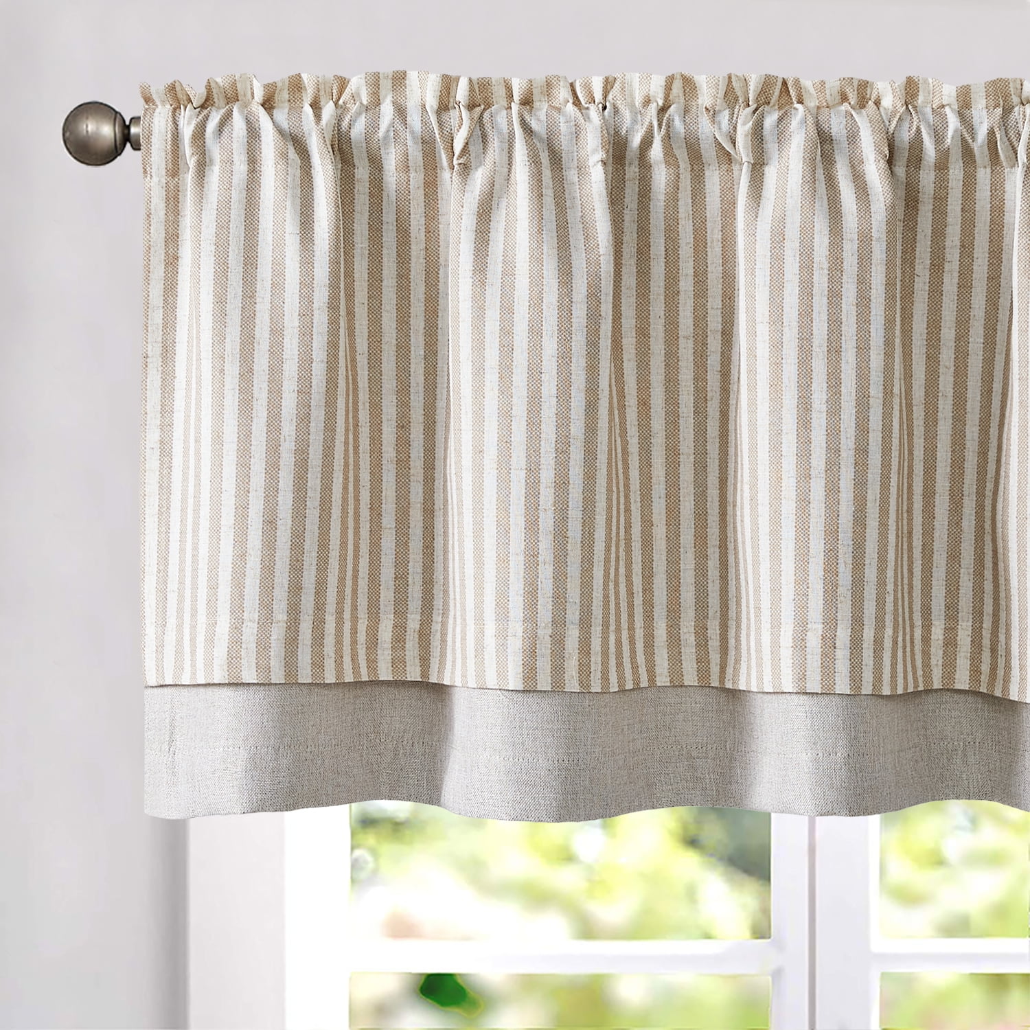Curtainking 18 Inch Double Layer Stripe Blackout Kitchen Valance with Rustic Style, Taupe on