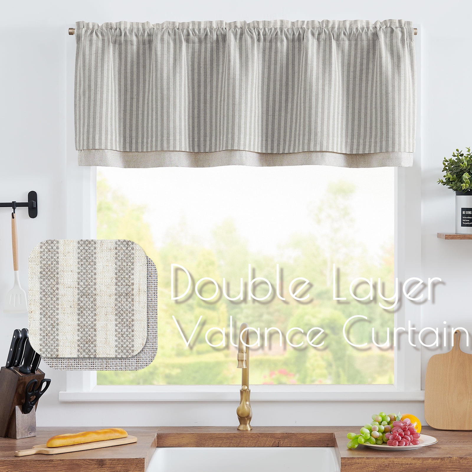 Curtainking Stylish Stripe Blackout Kitchen Valance, Double Layer, 50x16 inch, Grey on Beige, 1