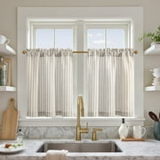 Curtainking Striped Kitchen Curtain Linen Cafe Curtains Semi-Sheer Rustic Farmhouse Tier Curtains 24 inch Rod Pocket 2 Panels Taupe Grey on Beige