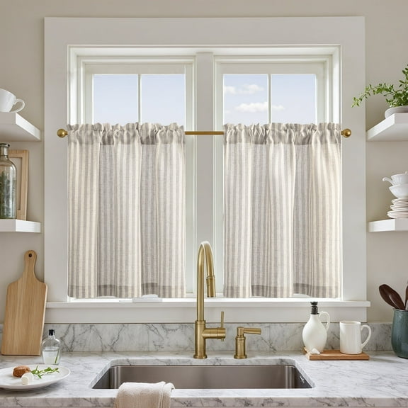 Curtainking Striped Kitchen Curtain Linen Cafe Curtains Semi-Sheer Rustic Farmhouse Tier Curtains 24 inch Rod Pocket 2 Panels Taupe Grey on Beige