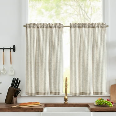 Curtainking Striped Kitchen Curtain Linen Cafe Curtains Semi-Sheer Rustic Farmhouse Tier Curtains 24 inch Rod Pocket 2 Panels Brown